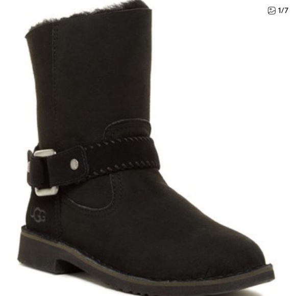 UGG Cedric Water Resistant Black Suede Sheepskin Buckle Boots Size 6 NEW - Picture 1 of 15